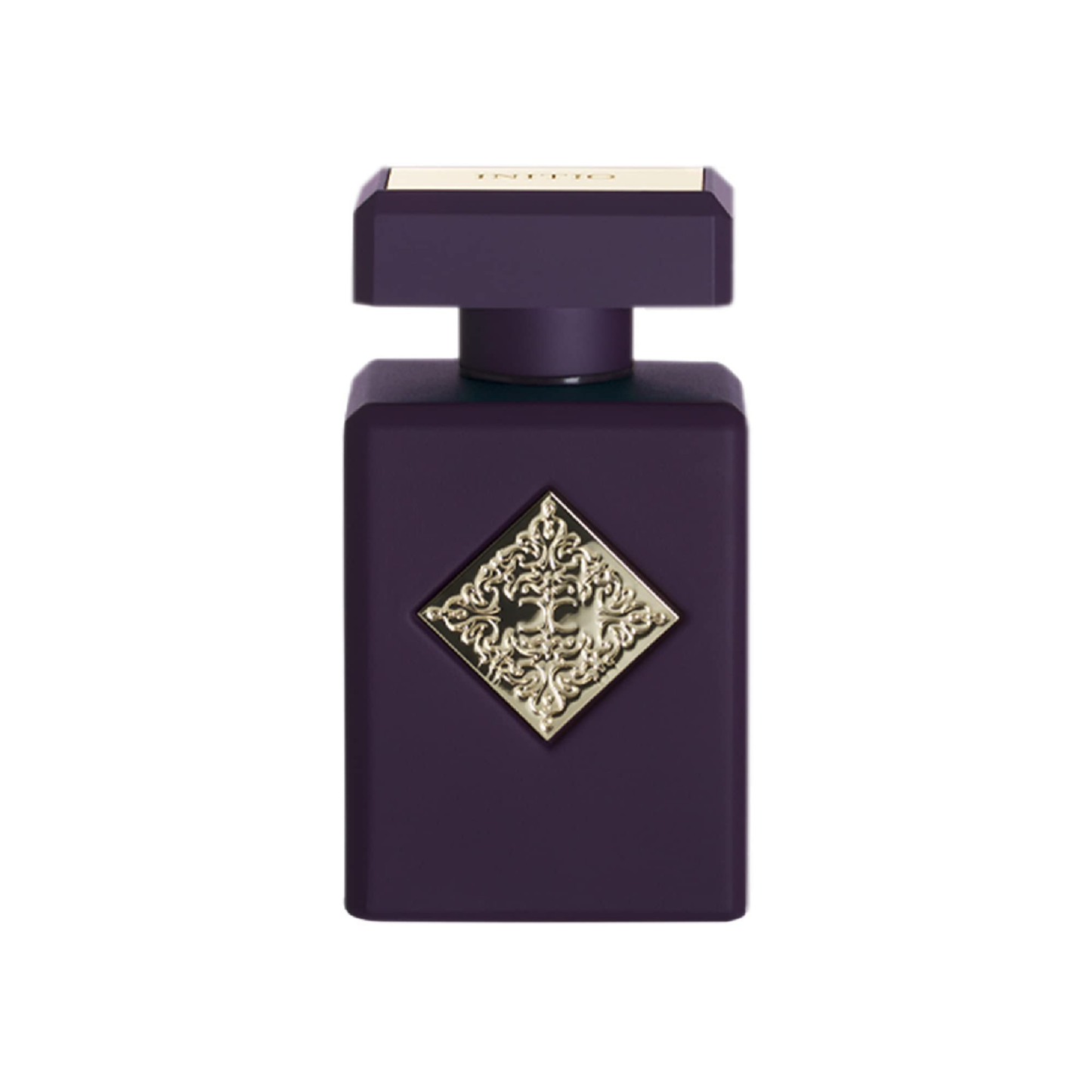 Initio Side Effect cologne bottle in deep plum glass with gold plate and heavy square design