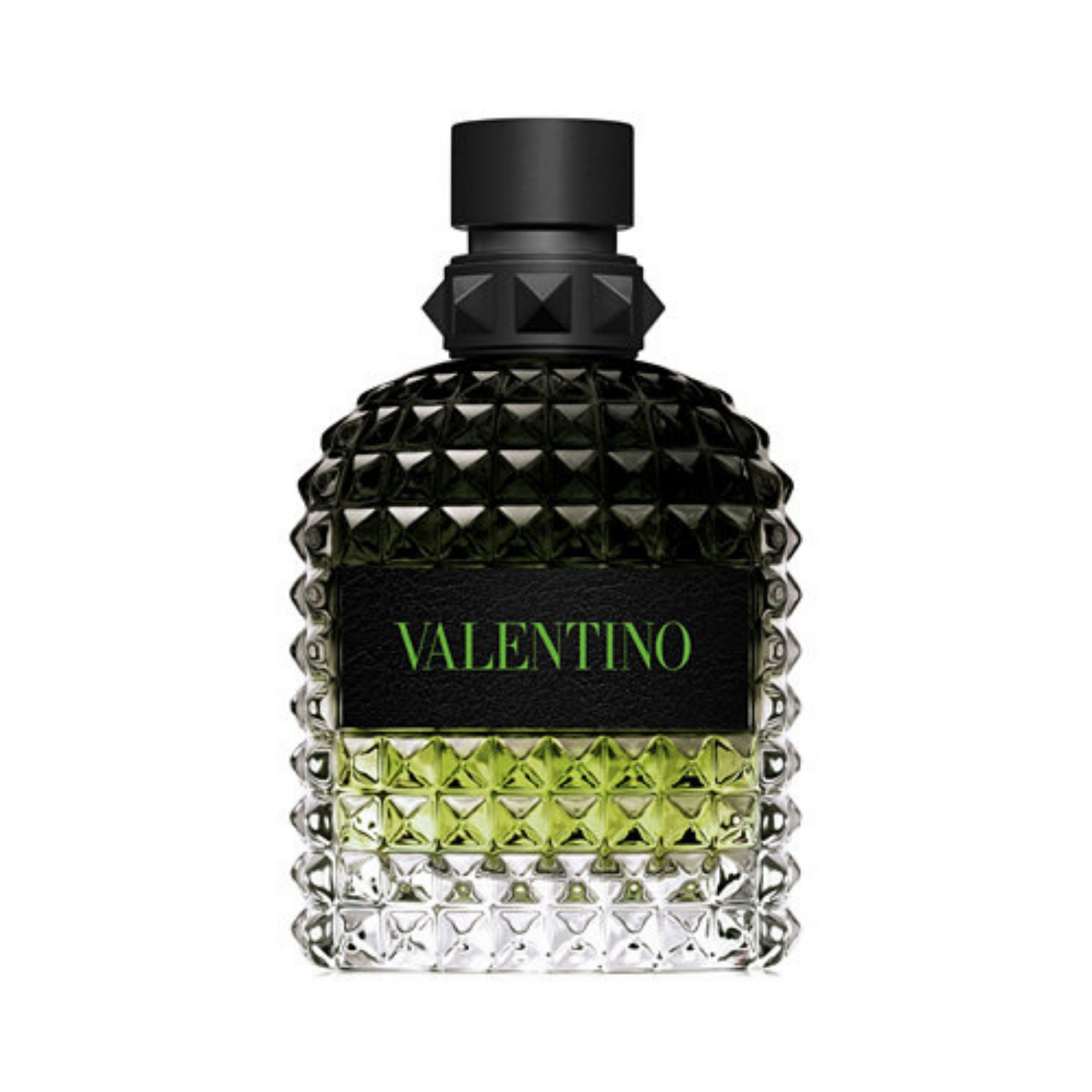 Valentino Uomo Born in Roma Green Stravaganza cologne in green bottle with black studded design
