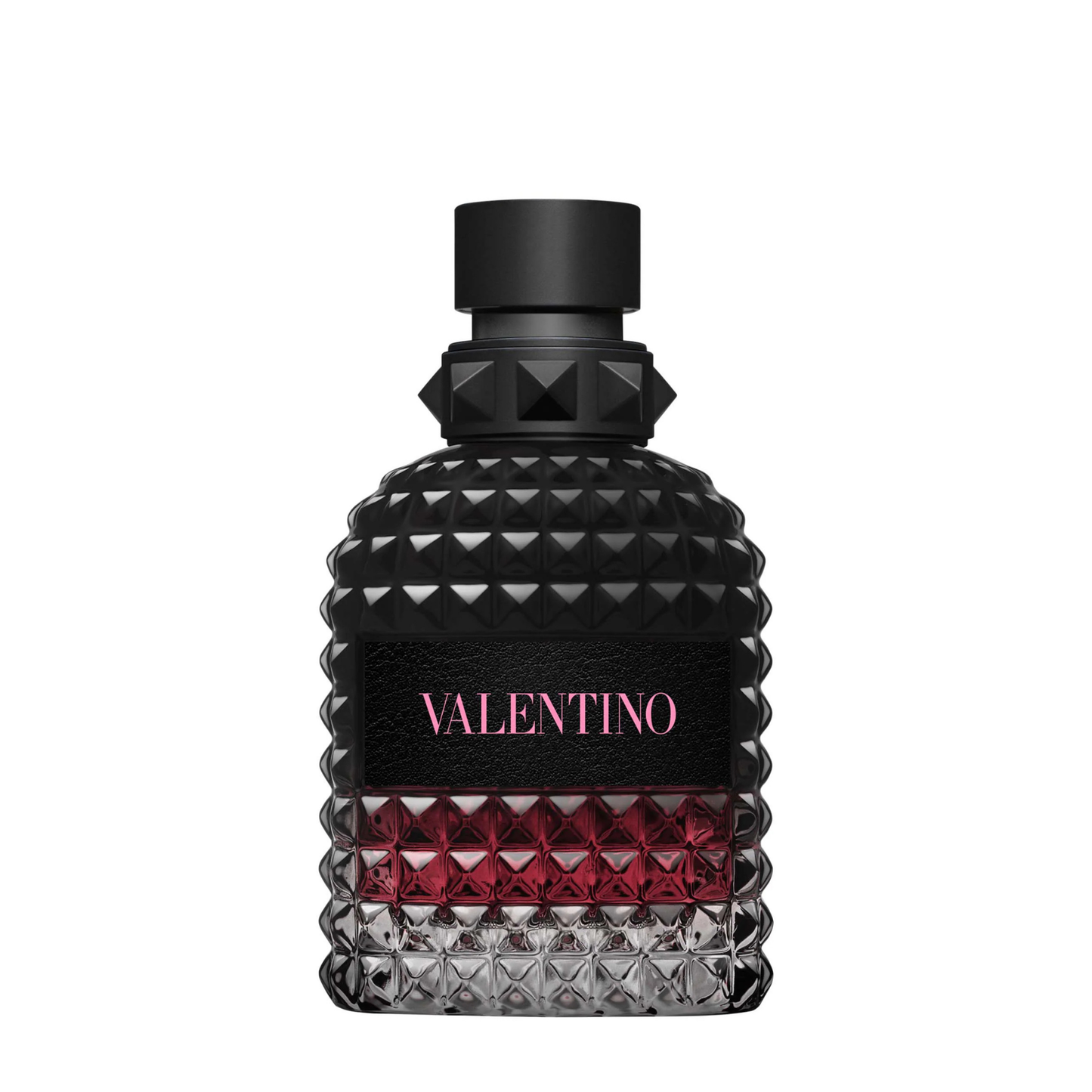 Valentino Uomo Intense cologne bottle with black studded glass and matte black cap