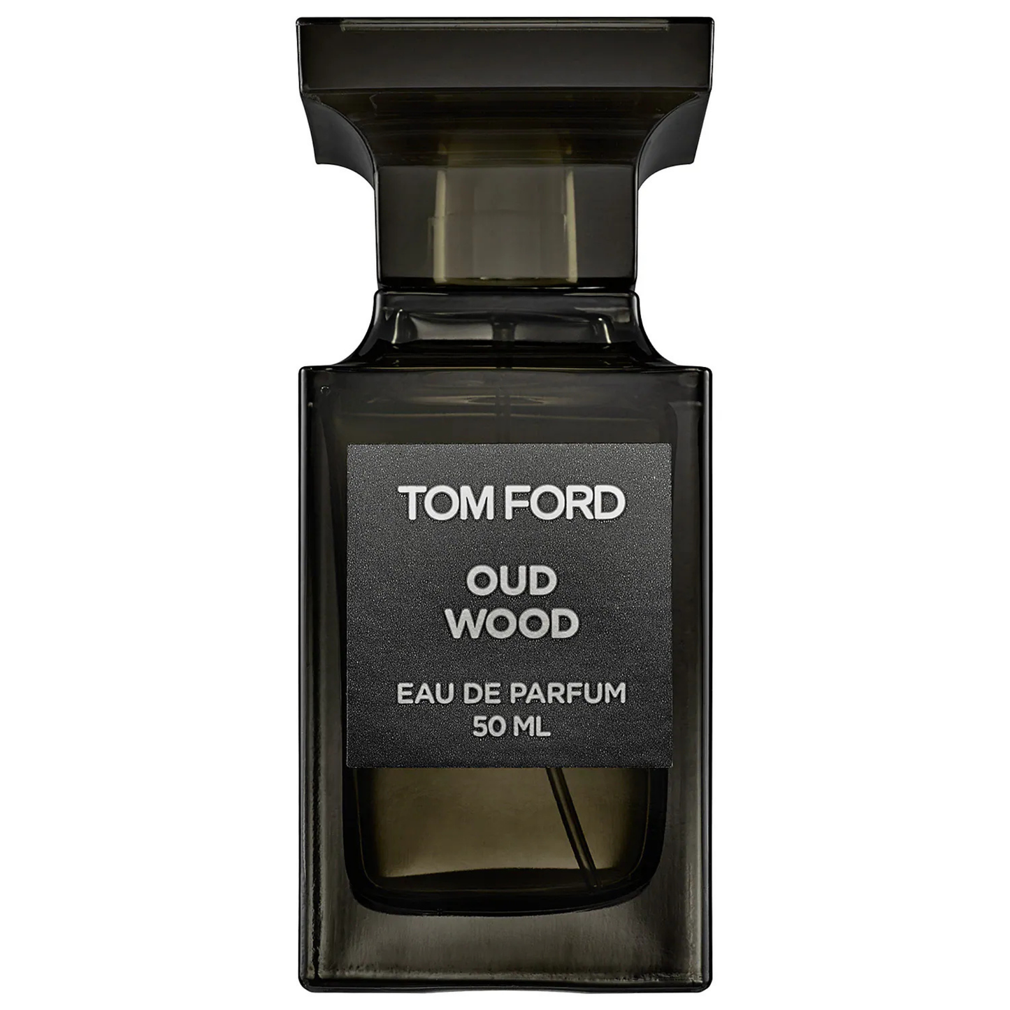 Tom Ford Oud Wood cologne bottle in dark smoked glass with silver label