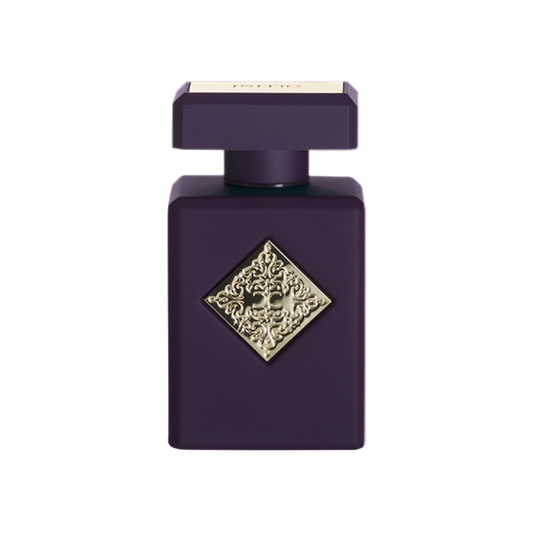 Initio Side Effect cologne bottle in deep plum glass with gold plate and heavy square design