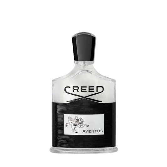 Creed Aventus cologne bottle in clear and black glass with silver logo and black cap