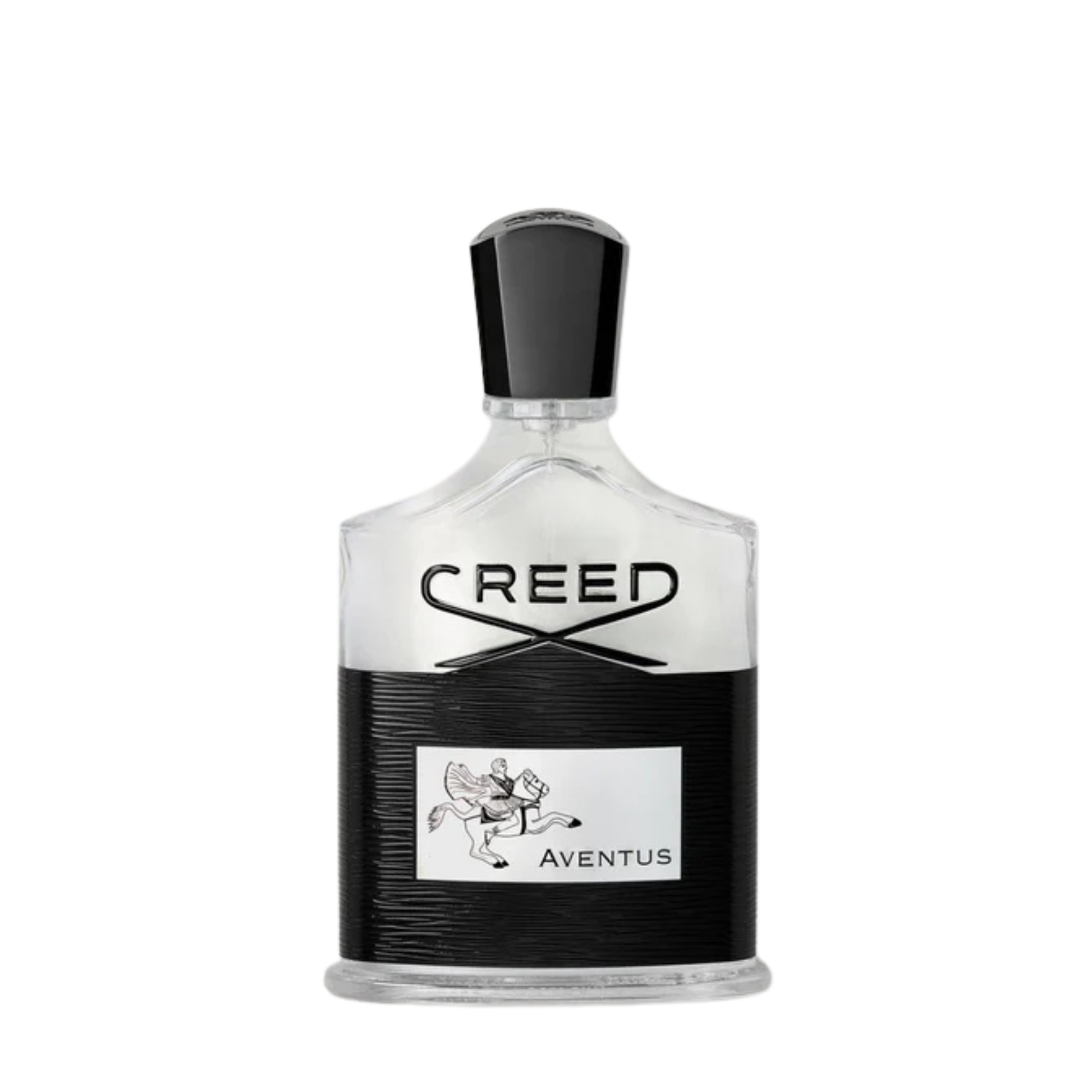 Creed Aventus cologne bottle in clear and black glass with silver logo and black cap
