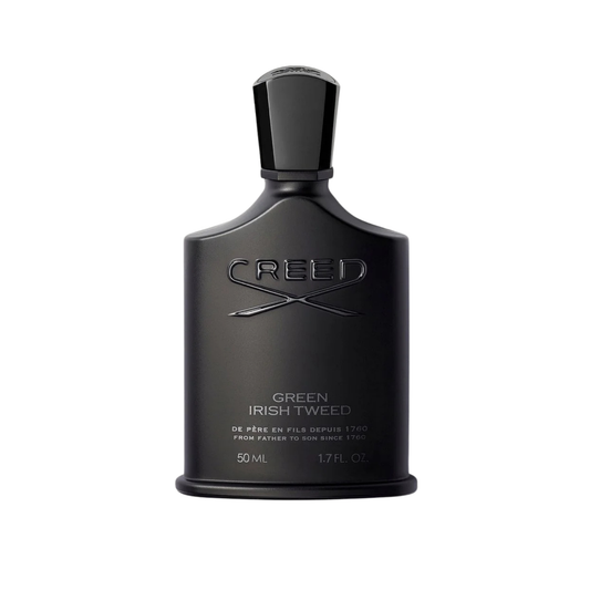 Creed Green Irish Tweed cologne bottle in solid black with gold text and matching black cap