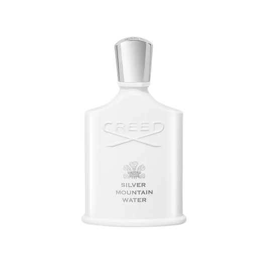 Creed Silver Mountain Water bottle in glossy white with silver cap and black label