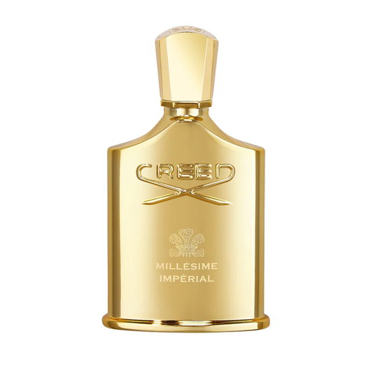 Creed Millésime Impérial fragrance bottle in reflective gold finish with gold cap