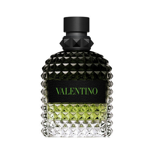 Valentino Uomo Born in Roma Green Stravaganza cologne in green bottle with black studded design