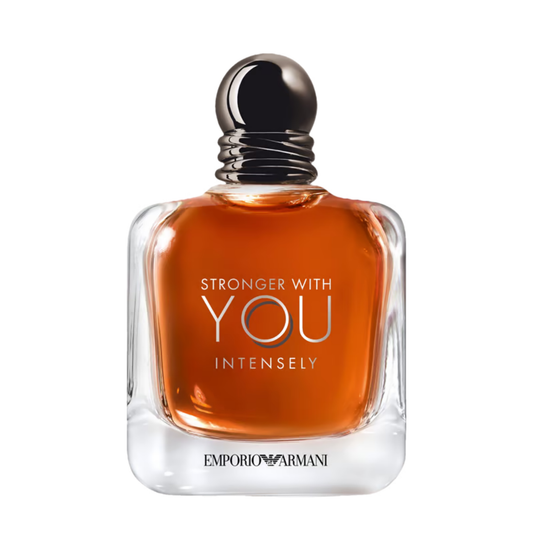 Emporio Armani Stronger With You Intensely cologne in amber glass bottle with black rounded cap