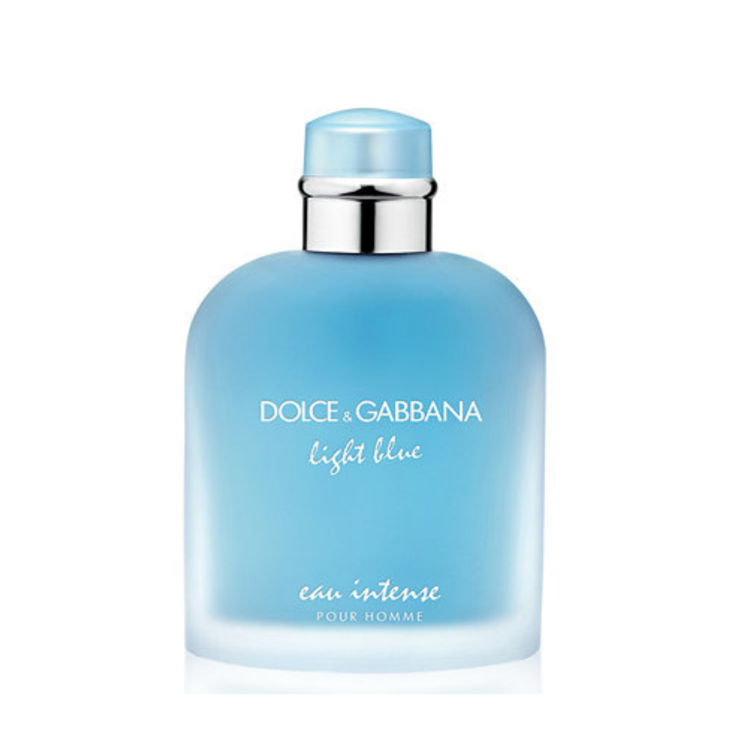 Dolce & Gabbana Light Blue Eau Intense Pour Homme bottle in frosted blue glass with silver cap