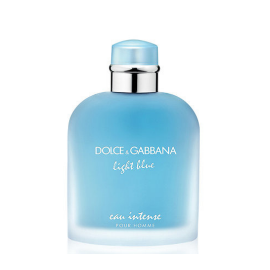 Dolce & Gabbana Light Blue Eau Intense Pour Homme bottle in frosted blue glass with silver cap
