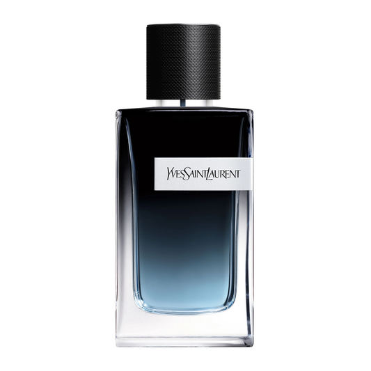 Yves Saint Laurent Y Eau de Parfum bottle in deep blue glass with silver Y logo and black cap