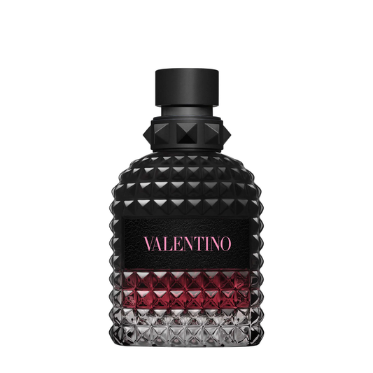 Valentino Uomo Intense cologne bottle with black studded glass and matte black cap